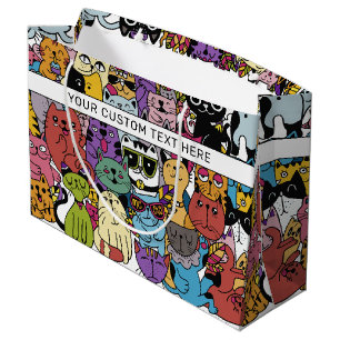 Custom Text Funny Cats Illustration Large Gift Bag