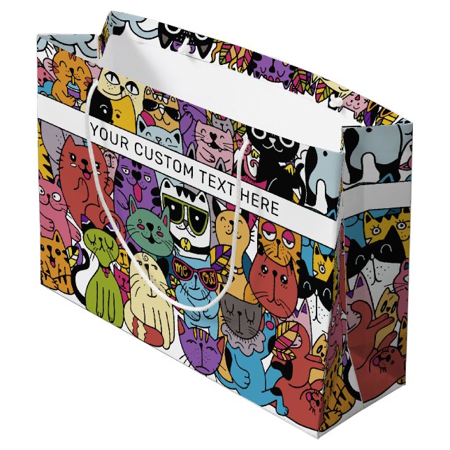 Custom Text Funny Cats Illustration Large Gift Bag (Back Angled)
