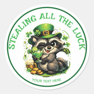 Custom Text Funny Raccoon St. Patrick's Day Classic Round Sticker