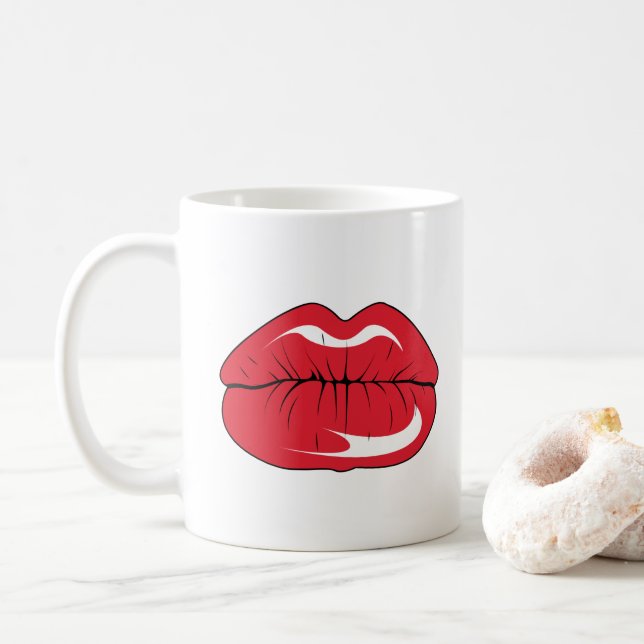 Custom Text Funny Red Lips Cartoon Mouth Coffee Mug (With Donut)