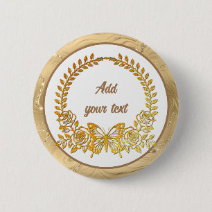 Custom Text, Gold Butterfly and Flower 2 Inch Round Button