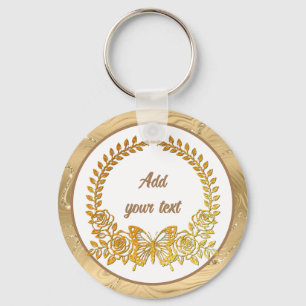 Custom Text, Gold Butterfly and Flower Keychain