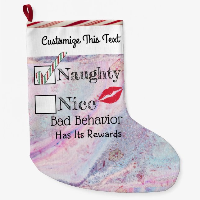 Custom Text/ Gold Glitter Naughty Metallic Marble Large Christmas Stocking (Front)