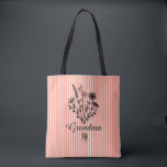 Custom Text Grandma Peach Stripe Floral Elegant   Tote Bag<br><div class="desc">An elegant peach tote bag tote for grandma that can be customized to reflect various names grandmas go by: Gigi, Nana, Nonna, Granny and many more. The tote bag is a peach and white stripe with black handles and flower design. There is space on the floral design with text on...</div>