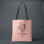 Custom Text Grandma Peach Stripe Floral Elegant   Tote Bag<br><div class="desc">An elegant peach tote bag tote for grandma that can be customized to reflect various names grandmas go by: Gigi, Nana, Nonna, Granny and many more. The tote bag is a peach and white stripe with black handles and flower design. There is space on the floral design with text on...</div>