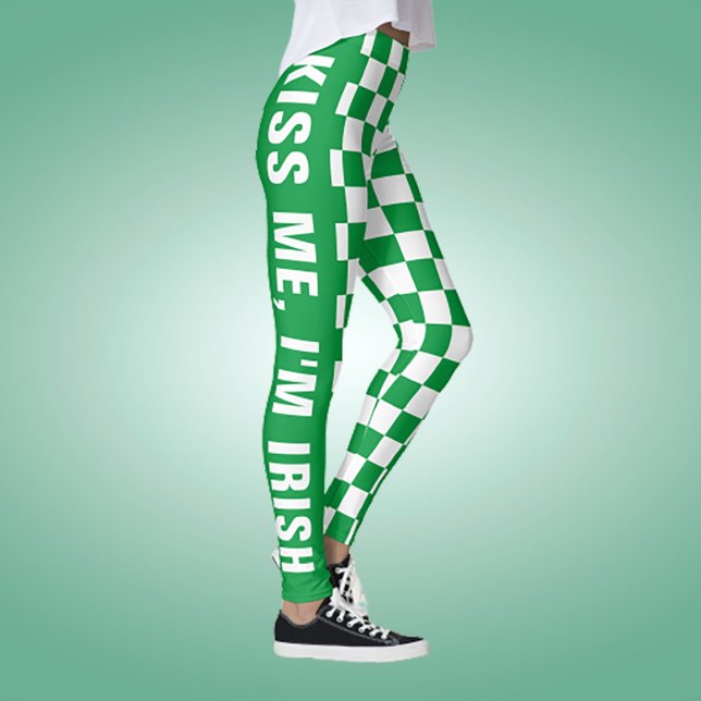 Custom Text Green And White Chequered Flag Pattern Leggings (Creator Uploaded)