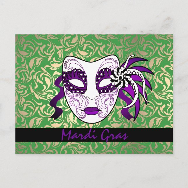 Custom Text Green, Gold & Purple Mardi Gras Mask Postcard (Front)