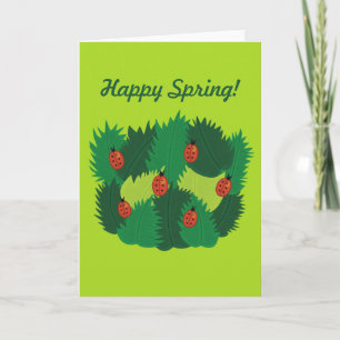 Custom Text Green Leaves And Ladybugs Happy Spring Card
