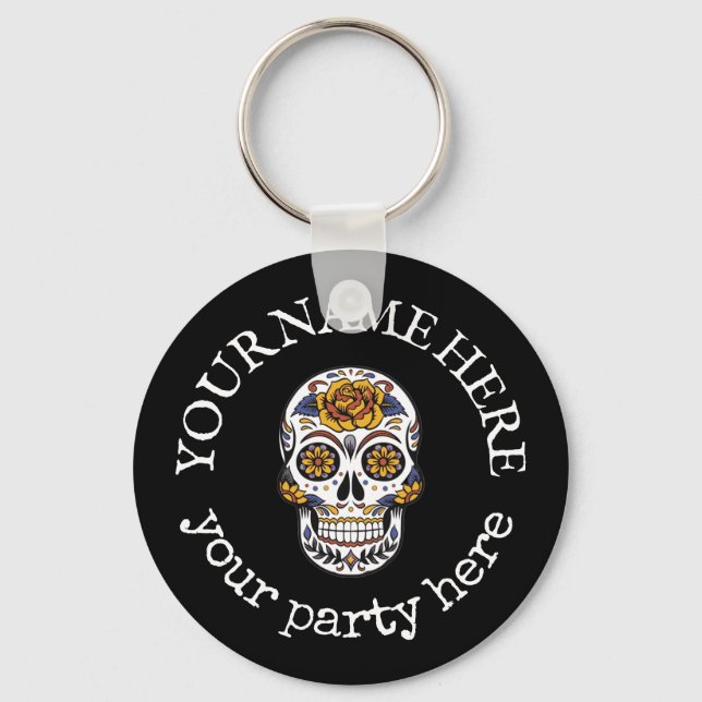 Custom Text Halloween Sugar Skull La Santa Muerte Keychain (Front)