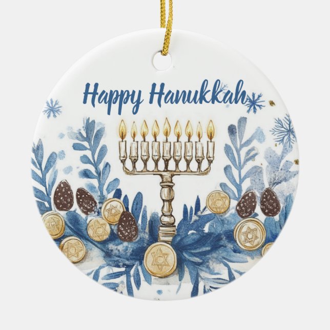 Custom text Hanukkah Festival of Lights Keepsake Ceramic Ornament (Front)