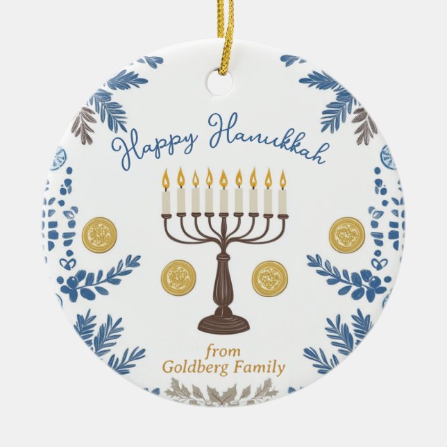 Custom text Hanukkah Festival of Lights Keepsake Ceramic Ornament (Front)