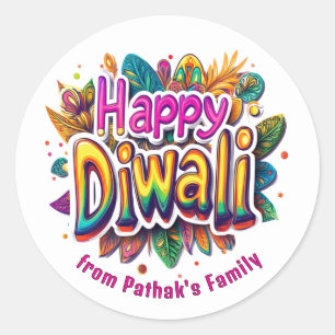 Custom text, Happy Diwali Leaf Burst  Classic Round Sticker