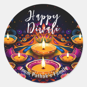Custom text, Happy Diwali Multi‑Diyas  Classic Round Sticker