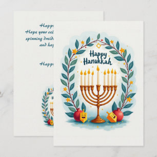 Custom text Happy Hanukkah Menorah Wreath Holiday Card