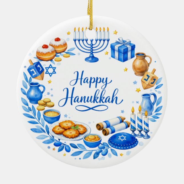 Custom text Happy Hanukkah Wreath  Ceramic Ornament (Back)