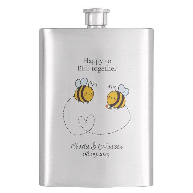 Custom Text Happy Love Bees Hip Flask (Front)