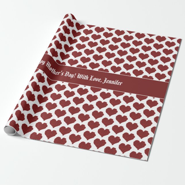 Custom Text Happy Mother's Day Red Heart Pattern Wrapping Paper (Unrolled)