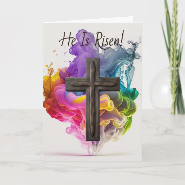 Custom text, 'He is Risen' Rainbow Cross Easter  Card (Front)