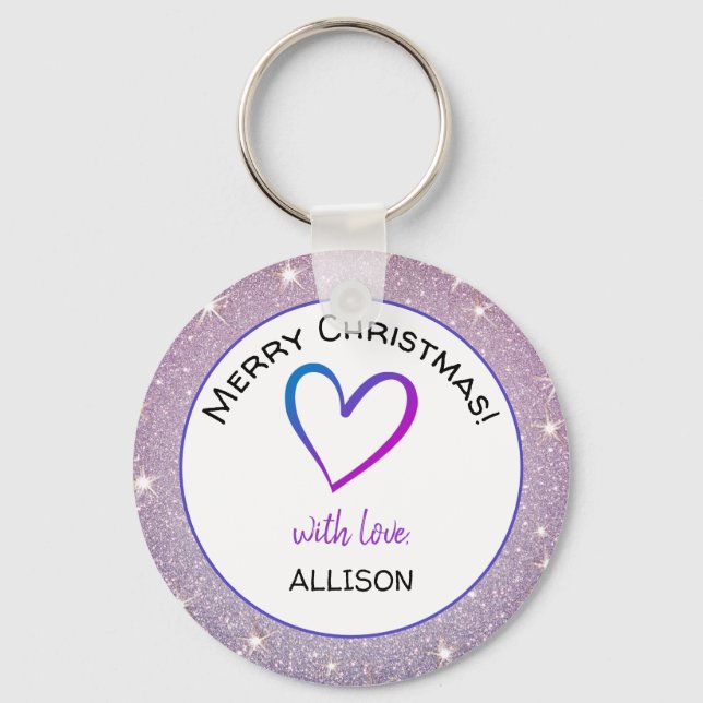Custom Text Heart Light Purple Glitter Pastel Cute Keychain (Front)