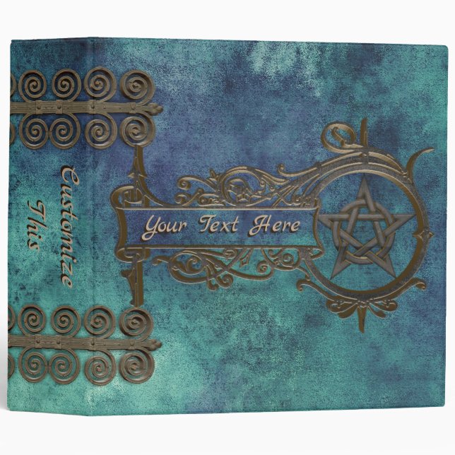 Custom Text Iron Pentacle Swirl Blue Green Shadows Binder (Front/Spine)