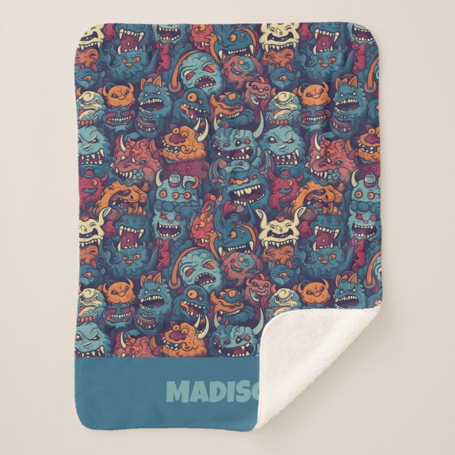Custom Text Kids' Monster Pattern Sherpa Blanket (Front)