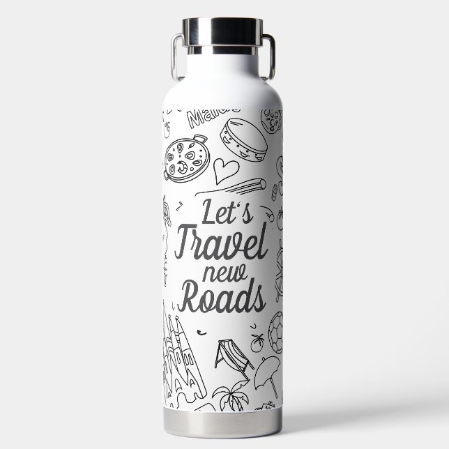 Custom Text Let's Travel Travelling Icon White Water Bottle (Front)