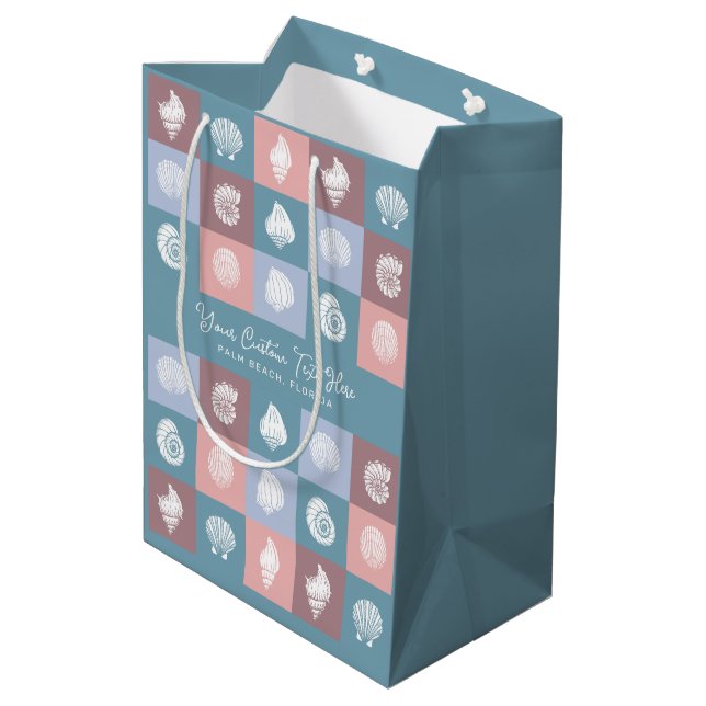 Custom Text & Location Seashells Pattern Medium Gift Bag (Back Angled)
