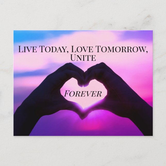Custom Text Love Hands Heart Shape Pink Sunset Sky Postcard (Front)