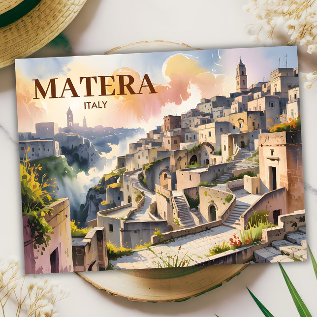  Custom Text Matera Italy Travel Sassi di Matera Postcard (Matera Italy Watercolor Postcard)