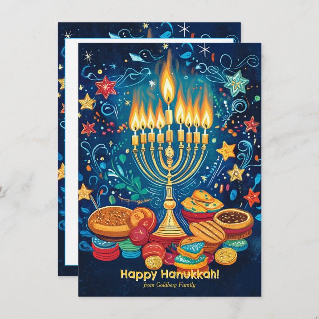 Custom text Menorah Magic Greeting Holiday Card (Front/Back)
