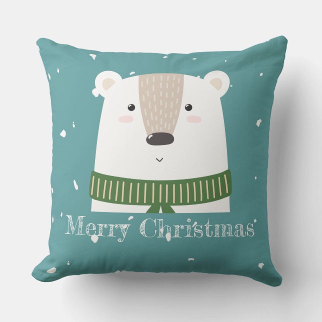 Custom text Merry Christmas Polar bear snow blue Throw Pillow (Front)
