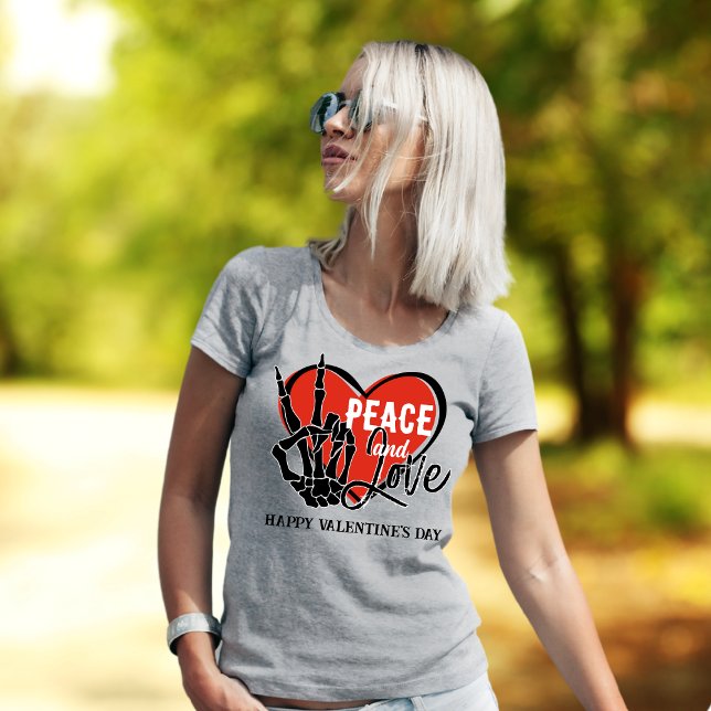 Custom Text Modern Skeleton Hand Peace and Love T-Shirt (Creator Uploaded)