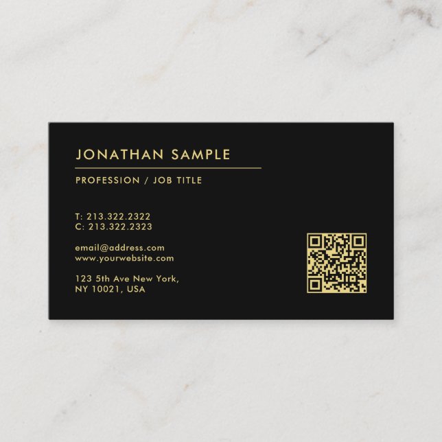 Custom Text Modern Template QR Code Black & Gold Business Card (Front)