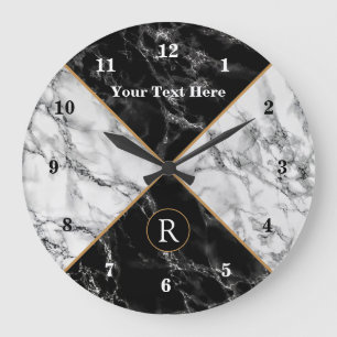 Custom Text Monogram Clock Black White Marble