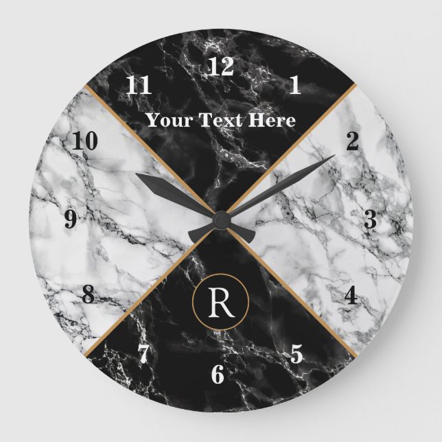 Custom Text Monogram Clock Black White Marble (Front)