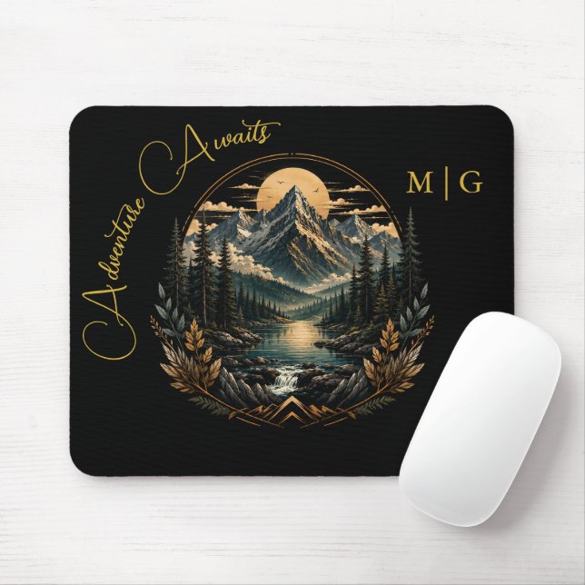 Custom Text Mountain Lake Nature Adventure Badge Mouse Pad (With Mouse)