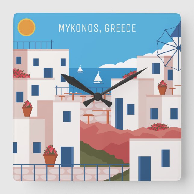 Custom Text Mykonos Greece Square Wall Clock (Front)