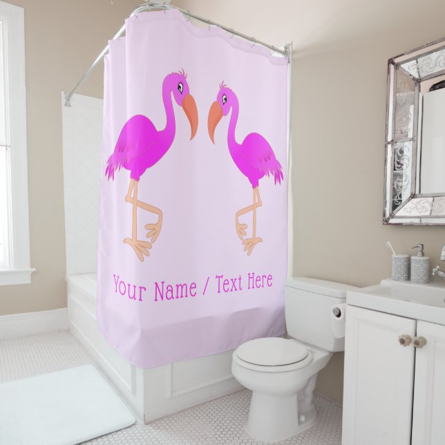Custom Text Name Shower Curtain - Pink Flamingos (In Situ)