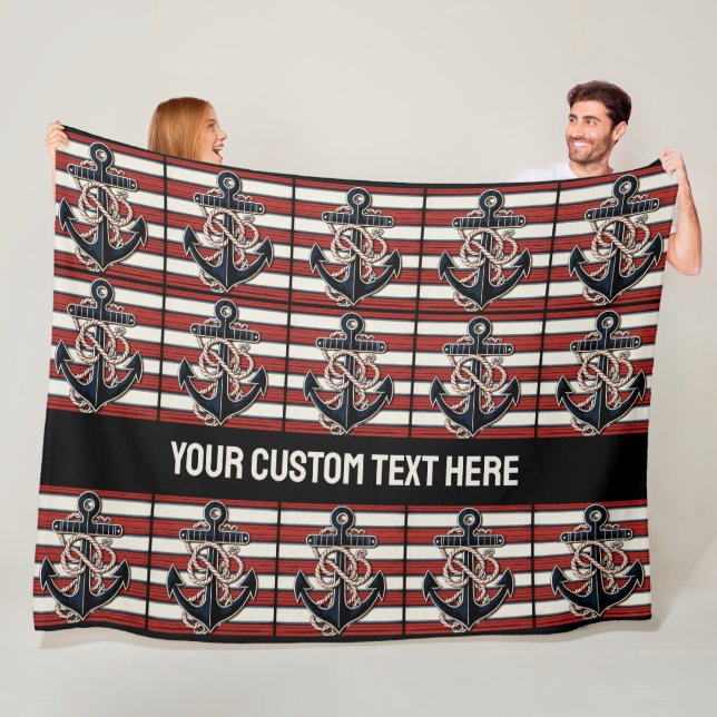 Custom Text Nautical Anchor Pattern Fleece Blanket (In Situ)