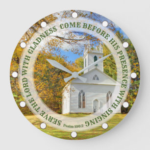 Custom Text New England Church in the Fall Large Clock