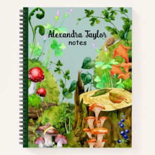 Custom Text Notebook Watercolor Forest Mushroooms 