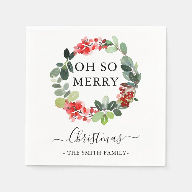 Custom Text Oh So Merry Christmas Holiday Wreath Napkin (Front)