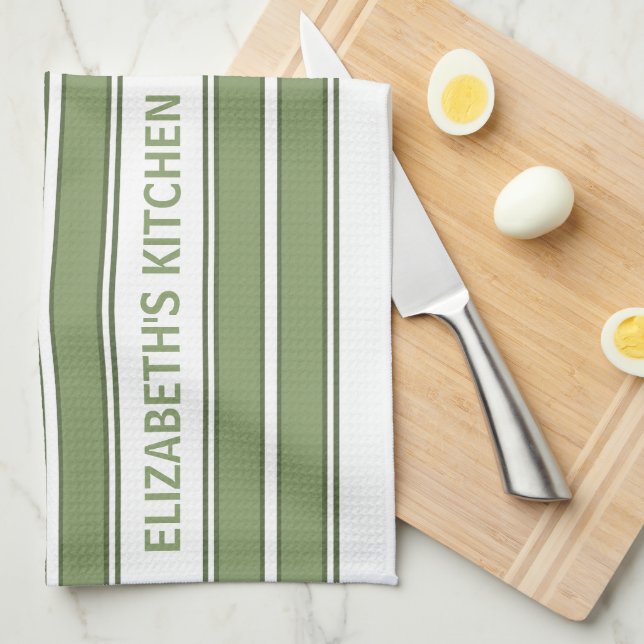 Custom Text Olive Green and White Striped Kitchen Towel (Quarter Fold)