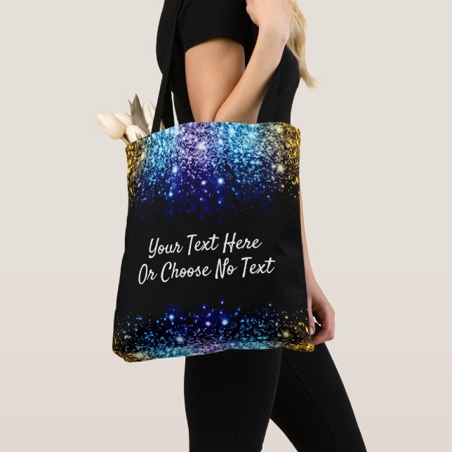 Custom Text/ Ombre Glitter Gold Purple Blue Tote Bag (Close Up)