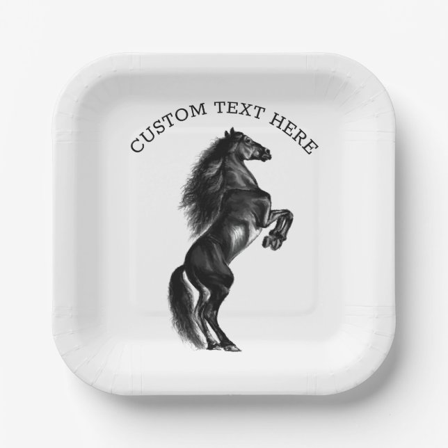 Custom Text Paper Plates Upright Black Wild Horse  (Front)