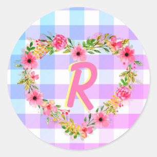 Custom Text/ Pastel Gingham Floral Heart Wreath Classic Round Sticker