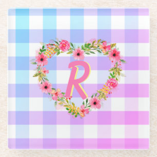 Custom Text/ Pastel Gingham Floral Heart Wreath Glass Coaster