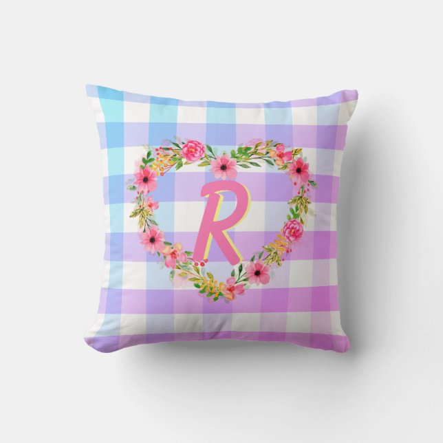 Custom Text/ Pastel Gingham Floral Heart Wreath Throw Pillow (Front)
