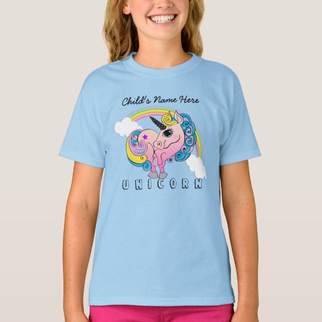 Custom Text/ Pastel Unicorn Pretty Rainbow Clouds T-Shirt (Front)