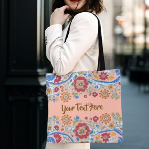Custom Text Personalized Floral Vintage Boho Tote Bag
